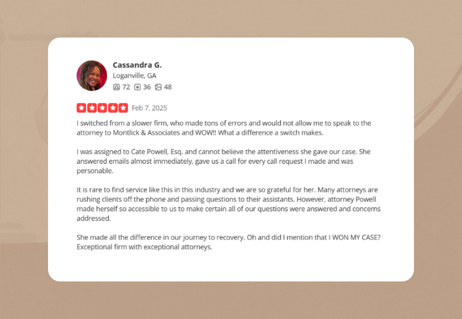Montlick Injury Attorneys Yelp Review 1