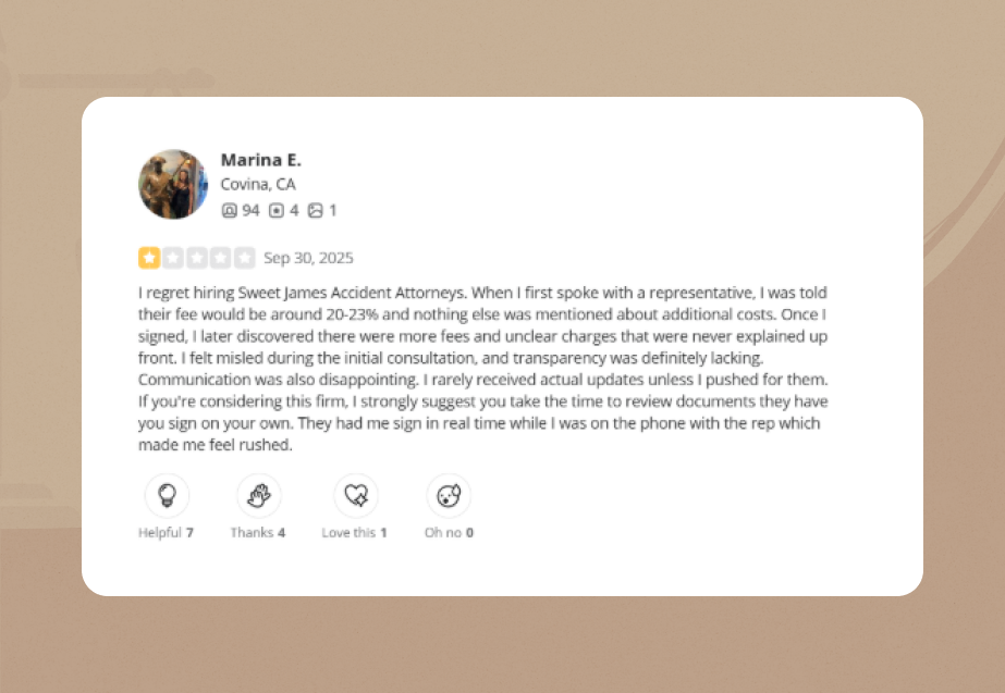 Sweet James Accident Attorneys Yelp Review 4